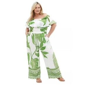 CITY CHIC Peta Border Jumpsuit M 18 One Piece Green Palm Leaves Ruffle Wide Leg